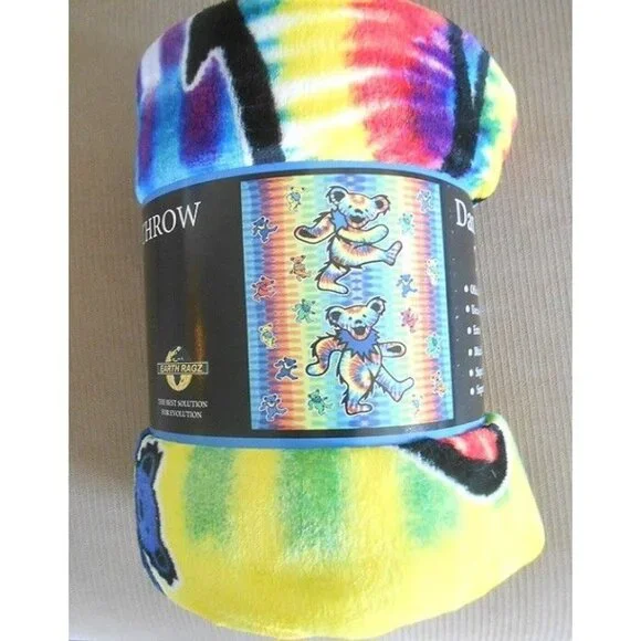New Grateful Dead Tie Dye Dancing Bears Plush Throw Gift Blanket Fleece Rainbow - Picture 4 of 5